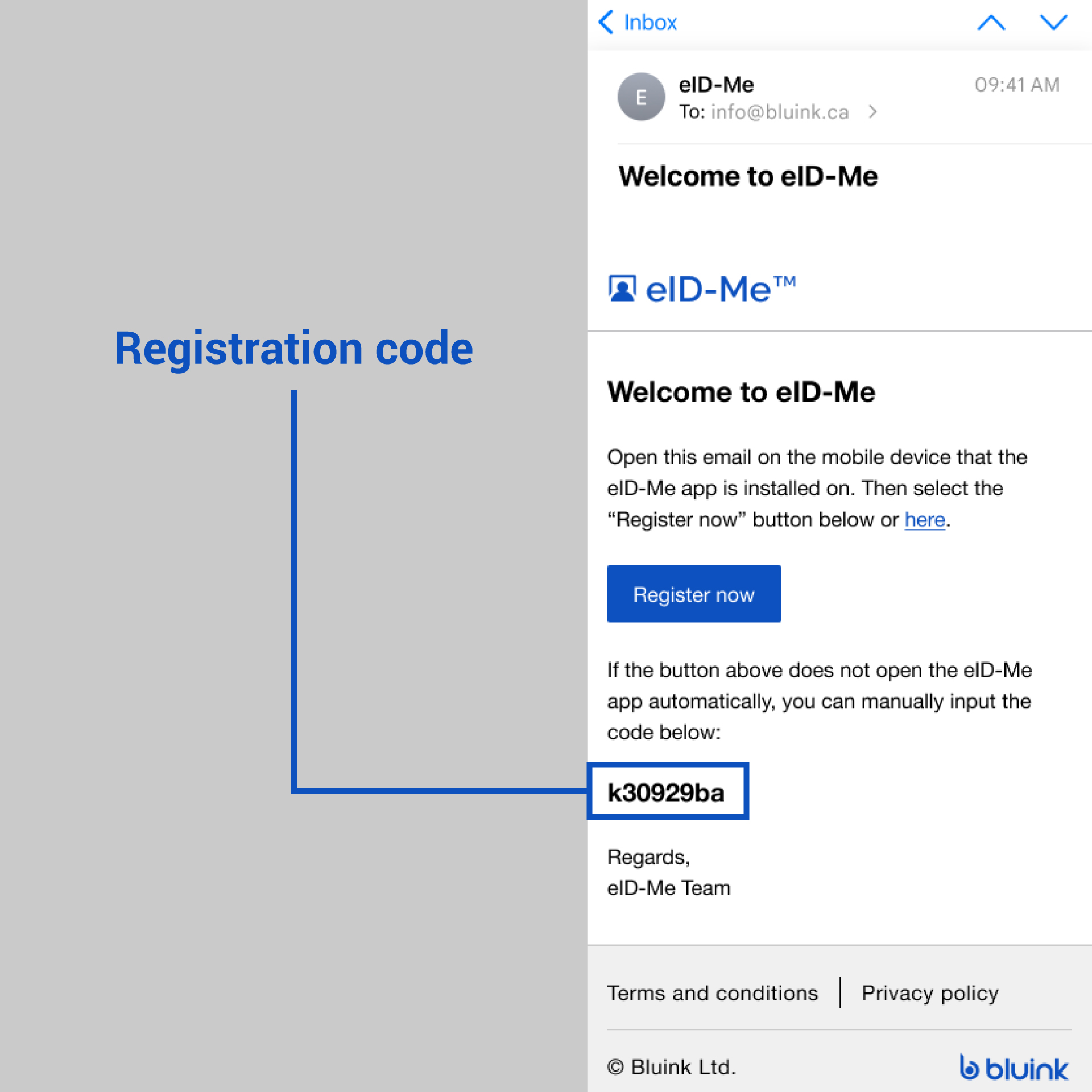 The eID-Me registration code is in bold at the bottom of the email.